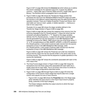 Figure 3-327 on page 364 shows the Columns tab which allows you to define
                 the column metadata for the selected output link. It shows two defined
                 columns — Body (SQL type of Varchar 2000) and DTS_msgID (SQL type of
                 Binary). The Runtime column propagation box is not checked.
              2. Figure 3-328 on page 365 shows the Transformer Stage window that
                 processes the input from the WebSphereMQConnectorPX stage and splits
                 the records to nine different outputs depending upon the table and the type of
                 operation involved. There are 3 tables (Customer, Product and Store), and
                 each table can have an insert, update, or delete operation — making up a
                 total of nine output links.
                 ‘Example 3-2 on page 365 shows the stage variables defined in the
                 Transformer Stage window in Figure 3-328 on page 365.
                 Figure 3-328 on page 365 also shows the mapping of the columns from the
                 incoming message to the Fnl_ParseCustomer_1 output link which has the
                 constraint svCustomerTablePart1 = “‘Y”. Based on the stage variables
                 defined, this Fnl_ParseCustomer_1 output link will contain Customer table
                 records generated from the first transaction in the IBM WebSphere MQ
                 message as long as the TABLE_CMD column has one of the three values ‘I’,
                 ‘U’, or ‘D’ corresponding to an SQL INSERT, UPDATE, or DELETE operation.
                 Fnl_ParseCustomer_2 will contain Customer table records from the second
                 transaction (if any) in the IBM WebSphere MQ message, while
                 Fnl_ParseCustomer_3 will contain Customer table records from the third
                 transaction (if any) in the IBM WebSphere MQ message.
                 Figure 3-329 on page 367 shows the Preserves sort order box checked to
                 ensure that the output link has the records written in the same order as the
                 incoming records. This ensures that the sequence of update operations in the
                 source are maintained.
                 Figure 3-330 on page 367 shows the constraints associated with each of the
                 nine output links.
              3. The three Funnel stages shown in Figure 3-325 on page 362 merge the
                 transactions from the three output links associated with each table into a
                 single output link for each table. This is not shown here since it is similar to
                 other Funnel stage configurations described earlier.
              4. Figure 3-331 on page 368 through Figure 3-334 on page 370 show the
                 configuration of the Column Import stage that imports data from a single
                 column and outputs it to one or more columns.
                  – Figure 3-331 on page 368 shows the Properties tab in the Stage page,
                    which identifies the input column in the Import Input Column property
                    (body_customer) of the Input category.
                     The Output category identifies the output columns to which the input
                     column is mapped to.


358   IBM InfoSphere DataStage Data Flow and Job Design
 