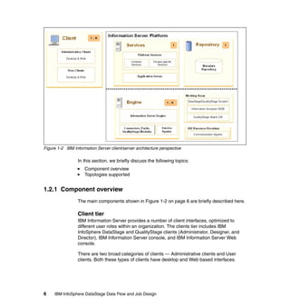 Figure 1-2 IBM Information Server client/server architecture perspective

                 In this section, we briefly discuss the following topics:
                     Component overview
                     Topologies supported


1.2.1 Component overview
                 The main components shown in Figure 1-2 on page 6 are briefly described here.

                 Client tier
                 IBM Information Server provides a number of client interfaces, optimized to
                 different user roles within an organization. The clients tier includes IBM
                 InfoSphere DataStage and QualityStage clients (Administrator, Designer, and
                 Director), IBM Information Server console, and IBM Information Server Web
                 console.

                 There are two broad categories of clients — Administrative clients and User
                 clients. Both these types of clients have desktop and Web based interfaces.




6    IBM InfoSphere DataStage Data Flow and Job Design
 