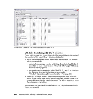 Figure 3-423 Create the J16_Daily_CreateScdInputDS job 11/11



                J16_Daily_CreateScdInputDS (Day 1) execution
                Figure 3-424 on page 431 through Figure 3-430 on page 433 show the results of
                the execution of this job with Day 1 data described earlier:
                   Figure 3-424 on page 431 shows the results of the execution. The inputs to
                   this job are as follows:
                   – Accepts 7 rows as input from the “J15_Daily_CreateSalesAggDS (Day 1)
                     execution” on page 417 job as seen in Figure 3-401 on page 418 through
                     Figure 3-406 on page 420.
                   – Accepts 2 rows (corresponding to CUSTOMER_ID 1 and 7) as input from
                     the Customer dimension lookup data set generated in
                     “J13_Daily_UpdateLookupDim execution (Day 1)” on page 382.
                   The output of this job shows 9 rows corresponding to the union of the two
                   inputs via the Funnel stage. Figure 3-425 on page 431 through Figure 3-430
                   on page 433 show the nine rows in the output. The NULLs added prior to the
                   Funnel stage are highlighted.

                The next step is to execute the job described in “J17_DailyCreateSalesFactDS
                (Day1)” on page 433.



430    IBM InfoSphere DataStage Data Flow and Job Design
 