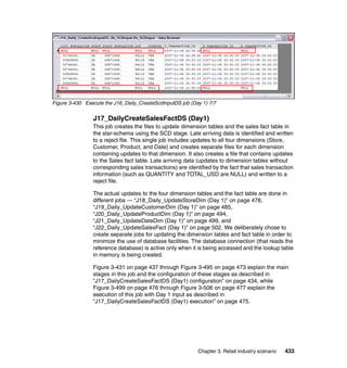 Figure 3-430 Execute the J16_Daily_CreateScdInputDS job (Day 1) 7/7


                J17_DailyCreateSalesFactDS (Day1)
                This job creates the files to update dimension tables and the sales fact table in
                the star-schema using the SCD stage. Late arriving data is identified and written
                to a reject file. This single job includes updates to all four dimensions (Store,
                Customer, Product, and Date) and creates separate files for each dimension
                containing updates to that dimension. It also creates a file that contains updates
                to the Sales fact table. Late arriving data (updates to dimension tables without
                corresponding sales transactions) are identified by the fact that sales transaction
                information (such as QUANTITY and TOTAL_USD are NULL) and written to a
                reject file.

                The actual updates to the four dimension tables and the fact table are done in
                different jobs — “J18_Daily_UpdateStoreDim (Day 1)” on page 478,
                “J19_Daily_UpdateCustomerDim (Day 1)” on page 485,
                “J20_Daily_UpdateProductDim (Day 1)” on page 494,
                “J21_Daily_UpdateDateDim (Day 1)” on page 499, and
                “J22_Daily_UpdateSalesFact (Day 1)” on page 502. We deliberately chose to
                create separate jobs for updating the dimension tables and fact table in order to
                minimize the use of database facilities. The database connection (that reads the
                reference database) is active only when it is being accessed and the lookup table
                in memory is being created.

                Figure 3-431 on page 437 through Figure 3-495 on page 473 explain the main
                stages in this job and the configuration of these stages as described in
                “J17_DailyCreateSalesFactDS (Day1) configuration” on page 434, while
                Figure 3-499 on page 476 through Figure 3-506 on page 477 explain the
                execution of this job with Day 1 input as described in
                “J17_DailyCreateSalesFactDS (Day1) execution” on page 475.




                                                           Chapter 3. Retail industry scenario   433
 