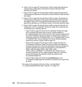 6. Figure 3-444 on page 447 through Figure 3-456 on page 456 describe the
                 corresponding configurations involving the Customer dimension table
                 reference and update.
              7. Figure 3-457 on page 457 through Figure 3-469 on page 463 describe the
                 corresponding configurations involving the Product dimension table reference
                 and update.
              8. Figure 3-470 on page 464 through Figure 3-492 on page 472 describe the
                 corresponding configurations involving the Date dimension table reference
                 and update. Figure 3-477 on page 468 through Figure 3-487 on page 469
                 describe the derivations for the different columns in the Date dimension table.
              9. Figure 3-493 on page 472 through Figure 3-498 on page 474 describe the
                 configuration of the Trx_SalesFact Transformer stage, which separates late
                 arriving data onto a separate data set.
                  – Figure 3-493 on page 472 shows the Trx_SalesFact Transformer stage
                    with a constraint that directs rows to the Ds_LateArrivingData or
                    Ds_SalesFactUpdate links. All the columns in the input are mapped to the
                    Ds_LateArrivingData output link as shown in Figure 3-497 on page 474,
                    while some columns (C_TRANSACTION_TS, P_TRANSACTION_TS, and
                    S_TRANSACTION_TS) are excluded from the Ds_SalesFactUpdate
                    output link as shown in Figure 3-498 on page 474.
                  – Figure 3-494 on page 473 and Figure 3-495 on page 473 show the
                    Trx_SalesFact Transformer Stage Constraints window that defines the
                    constraint that directs the rows to the appropriate output link. Briefly, the
                    constraint specifies that records that have NULLs in the QUANTITY,
                    PRICE_USD, SELLING_PRICE_USD, TOTAL_USD,
                    TOTAL_LOCAL_CURRENCY, or COUNTRY_ISO_CODE columns
                    should be directed to the Ds_LateArrivingData output link, and those
                    records that evaluate the predicate to false are directed to the
                    Ds_SalesFactUpdate link.
                  – Figure 3-496 on page 473 shows the Link Ordering tab in the
                    Trx_StalesFact Stage page that identifies the ordering of the output links
                    as shown.

              The results of the execution of this job on Day 1 are described in
              “J17_DailyCreateSalesFactDS (Day1) execution” on page 475.




436   IBM InfoSphere DataStage Data Flow and Job Design
 