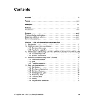 Contents

                 Figures . . . . . . . . . . . . . . . . . . . . . . . . . . . . . . . . . . . . . . . . . . . . . . . . . . . . . . vii

                 Tables . . . . . . . . . . . . . . . . . . . . . . . . . . . . . . . . . . . . . . . . . . . . . . . . . . . . . .xxvii

                 Examples. . . . . . . . . . . . . . . . . . . . . . . . . . . . . . . . . . . . . . . . . . . . . . . . . . . . xxix

                 Notices . . . . . . . . . . . . . . . . . . . . . . . . . . . . . . . . . . . . . . . . . . . . . . . . . . . . . xxxi
                 Trademarks . . . . . . . . . . . . . . . . . . . . . . . . . . . . . . . . . . . . . . . . . . . . . . . . . .xxxii

                 Preface . . . . . . . . . . . . . . . . . . . . . . . . . . . . . . . . . . . . . . . . . . . . . . . . . . . . xxxiii
                 The team that wrote this book . . . . . . . . . . . . . . . . . . . . . . . . . . . . . . . . . . . xxxiv
                 Become a published author . . . . . . . . . . . . . . . . . . . . . . . . . . . . . . . . . . . . . xxxv
                 Comments welcome. . . . . . . . . . . . . . . . . . . . . . . . . . . . . . . . . . . . . . . . . . . xxxvi

                 Chapter 1. IBM InfoSphere DataStage overview. . . . . . . . . . . . . . . . . . . . . . 1
                 1.1 Introduction . . . . . . . . . . . . . . . . . . . . . . . . . . . . . . . . . . . . . . . . . . . . . . . . . 2
                 1.2 IBM Information Server architecture . . . . . . . . . . . . . . . . . . . . . . . . . . . . . . 5
                    1.2.1 Component overview . . . . . . . . . . . . . . . . . . . . . . . . . . . . . . . . . . . . . 6
                    1.2.2 Topologies supported . . . . . . . . . . . . . . . . . . . . . . . . . . . . . . . . . . . . 10
                 1.3 IBM InfoSphere DataStage within the IBM Information Server architecture15
                    1.3.1 Shared components . . . . . . . . . . . . . . . . . . . . . . . . . . . . . . . . . . . . . 15
                    1.3.2 Runtime architecture . . . . . . . . . . . . . . . . . . . . . . . . . . . . . . . . . . . . . 17
                 1.4 IBM InfoSphere DataStage main functions . . . . . . . . . . . . . . . . . . . . . . . . 20
                    1.4.1 Data transformation. . . . . . . . . . . . . . . . . . . . . . . . . . . . . . . . . . . . . . 21
                    1.4.2 Jobs. . . . . . . . . . . . . . . . . . . . . . . . . . . . . . . . . . . . . . . . . . . . . . . . . . 22
                    1.4.3 Parallel processing . . . . . . . . . . . . . . . . . . . . . . . . . . . . . . . . . . . . . . 24
                 1.5 Best practices overview. . . . . . . . . . . . . . . . . . . . . . . . . . . . . . . . . . . . . . . 27
                    1.5.1 Standards . . . . . . . . . . . . . . . . . . . . . . . . . . . . . . . . . . . . . . . . . . . . . 27
                    1.5.2 Development guidelines . . . . . . . . . . . . . . . . . . . . . . . . . . . . . . . . . . 28
                    1.5.3 Component usage . . . . . . . . . . . . . . . . . . . . . . . . . . . . . . . . . . . . . . . 28
                    1.5.4 DataStage data types . . . . . . . . . . . . . . . . . . . . . . . . . . . . . . . . . . . . 29
                    1.5.5 Partitioning data . . . . . . . . . . . . . . . . . . . . . . . . . . . . . . . . . . . . . . . . 29
                    1.5.6 Collecting data . . . . . . . . . . . . . . . . . . . . . . . . . . . . . . . . . . . . . . . . . 31
                    1.5.7 Sorting. . . . . . . . . . . . . . . . . . . . . . . . . . . . . . . . . . . . . . . . . . . . . . . . 31
                    1.5.8 Stage specific guidelines. . . . . . . . . . . . . . . . . . . . . . . . . . . . . . . . . . 32




© Copyright IBM Corp. 2008. All rights reserved.                                                                                     iii
 