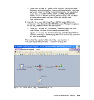 – Figure 3-509 on page 481 shows the Trx_StoreDim Transformer Stage
                      Constraints window that defines the constraint that directs the rows to the
                      appropriate output link. Briefly, the constraint specifies that records that
                      have a NULL in the CITY_POPULATION or STATE_POPULATION
                      columns should be directed to the Rej_StoreDim output link, and those
                      records that evaluate the predicate to false are directed to the
                      Odbc_StoreDim link.
                2. Figure 3-512 on page 482 through Figure 3-514 on page 483 show the
                   configuration of the Odbc_StoreDim ODBCConnectorPX stage that updates
                   the STORE_DIM table which is the reference link.
                    – Figure 3-512 on page 482 identifies the Connection details, the Write
                      mode (Update then Insert), and manually generated SQL.
                    – Figure 3-513 on page 483 shows the manually generated SQL UPDATE
                      statement, while Figure 3-514 on page 483 shows the manually generated
                      SQL INSERT statement.

                The results of the execution of this job on Day 1 are described in
                “J18_Daily_UpdateStoreDim (Day 1) execution” on page 484.




Figure 3-507 Create the J18_Daily_UpdateStoreDim job 1/8




                                                           Chapter 3. Retail industry scenario   479
 
