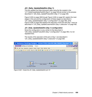 J21_Daily_UpdateDateDim (Day 1)
                This job updates the Date dimension table using the file created in the
                “J17_DailyCreateSalesFactDS (Day1)” on page 433 job similar to the process
                described in “J20_Daily_UpdateProductDim (Day 1)” on page 494.

                Figure 3-533 on page 499 through Figure 3-535 on page 501 explain the main
                stages in this job and the configuration of these stages as described in
                “J21_Daily_UpdateDateDim (Day 1) configuration” on page 499, while
                Figure 3-536 on page 502 explains the execution of this job with Day 1 input as
                described in “J19_Daily_UpdateCustomerDim (Day 1) execution” on page 492.

                J21_Daily_UpdateDateDim (Day 1) configuration
                Since this configuration is very similar to that described in
                “J20_Daily_UpdateProductDim (Day 1) configuration” on page 495, it is not
                repeated here.

                The results of the execution of this job on Day 1 are described in
                “J21_Daily_UpdateDateDim (Day 1) execution” on page 502.




Figure 3-533 Create the J21_Daily_UpdateDateDim job 1/3




                                                          Chapter 3. Retail industry scenario   499
 