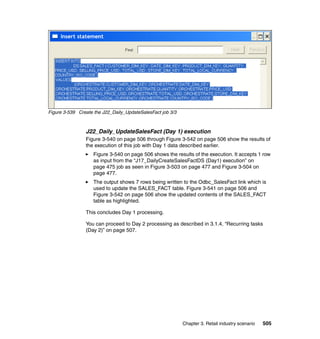 Figure 3-539 Create the J22_Daily_UpdateSalesFact job 3/3



                J22_Daily_UpdateSalesFact (Day 1) execution
                Figure 3-540 on page 506 through Figure 3-542 on page 506 show the results of
                the execution of this job with Day 1 data described earlier.
                    Figure 3-540 on page 506 shows the results of the execution. It accepts 1 row
                    as input from the “J17_DailyCreateSalesFactDS (Day1) execution” on
                    page 475 job as seen in Figure 3-503 on page 477 and Figure 3-504 on
                    page 477.
                    The output shows 7 rows being written to the Odbc_SalesFact link which is
                    used to update the SALES_FACT table. Figure 3-541 on page 506 and
                    Figure 3-542 on page 506 show the updated contents of the SALES_FACT
                    table as highlighted.

                This concludes Day 1 processing.

                You can proceed to Day 2 processing as described in 3.1.4, “Recurring tasks
                (Day 2)” on page 507.




                                                            Chapter 3. Retail industry scenario   505
 