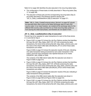Table 3-2 on page 342 identifies the jobs executed in the recurring (daily) tasks.
   The configuration of these tasks is briefly described in “Recurring tasks (Day
   1)” on page 348.
   The execution of these jobs and the corresponding recurring tasks (Day 2)
   are briefly described in the following sections starting with
   “J07_IL_Daily_LoadSalesStore (Day 2) execution” on page 511.

 Note: “J06_IL_Daily_CreateCurrencyLookup_Service” on page 227 should
 be executed every day to pick up the latest exchange rates for each ISO
 country code. In our case however, we created all the exchange rates for the
 different ISO country code countries for our three recurring daily cycles up
 front (during the initial load phase), and therefore do not repeat it here.

J07_IL_Daily_LoadSalesStore (Day 2) execution
This job has to be repeated for sales transactions for each of the three stores
(1, 9, and 33) for Day 2.
   Figure 3-557 on page 512 shows the Job Run Options window that identifies
   the input file (J07_Seq_Sales_20071107_ST1.txt) containing the sales
   transactions, the name of the schema file (J07_Seq_Sales_schema.osh), and
   the name of the interim DB2 table (DS.SALES_ST1) to which these sales
   transactions are written.
   Figure 3-558 on page 512 shows the execution results of this job, indicating
   one sales transaction being processed but zero sales transaction in the
   output, since the input transaction was rejected because of an invalid
   COUNTRY_ISO_CODE of ‘CHN’.
   The contents of the DB2 interim table after the execution are shown in
   Figure 3-558 on page 512.
   Figure 3-559 on page 513 shows the Job Run Options window that identifies
   the input file (J07_Seq_Sales_20071107_ST9.txt) containing the sales
   transactions, the name of the schema file (J07_Seq_Sales_schema.osh), and
   the name of the interim DB2 table (DS.SALES_ST9) to which these sales
   transactions are written.
   Figure 3-560 on page 513 shows the execution results of this job, indicating 2
   sales transactions being processed.
   The contents of the DB2 interim table after the execution are shown in
   Figure 3-553 on page 509 and Figure 3-554 on page 510.
   Figure 3-561 on page 513 shows the Job Run Options window that identifies
   the input file (J07_Seq_Sales_20071107_ST33.txt) containing the sales
   transactions, the name of the schema file (J07_Seq_Sales_schema.osh), and




                                           Chapter 3. Retail industry scenario   511
 