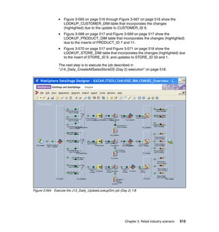 Figure 3-565 on page 516 through Figure 3-567 on page 516 show the
                   LOOKUP_CUSTOMER_DIM table that incorporates the changes
                   (highlighted) due to the update to CUSTOMER_ID 6.
                   Figure 3-568 on page 517 and Figure 3-569 on page 517 show the
                   LOOKUP_PRODUCT_DIM table that incorporates the changes (highlighted)
                   due to the inserts of PRODUCT_ID 7 and 11.
                   Figure 3-570 on page 517 and Figure 3-571 on page 518 show the
                   LOOKUP_STORE_DIM table that incorporates the changes (highlighted) due
                   to the insert of STORE_ID 9, and updates to STORE_ID 33 and 1.

                The next step is to execute the job described in
                “J14_Daily_CreateAllSalesStoreDS (Day 2) execution” on page 518.




Figure 3-564 Execute the J13_Daily_UpdateLookupDim job (Day 2) 1/8




                                                          Chapter 3. Retail industry scenario   515
 