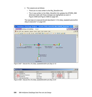 The outputs are as follows:
                    – There are no rows written to the Rej_StoreDim link.
                    – The 4 rows written to the Odbc_StoreDim link updates the STORE_DIM
                      dimension table with these changes (as highlighted) as seen in
                      Figure 3-608 and Figure 3-609 on page 531.

                The next step is to execute the job described in “J19_Daily_UpdateCustomerDim
                (Day 2) execution” on page 531.




Figure 3-607 Execute the J18_Daily_UpdateStoreDim job (Day 2) 1/3




Figure 3-608 Execute the J18_Daily_UpdateStoreDim job (Day 2) 2/3




530    IBM InfoSphere DataStage Data Flow and Job Design
 