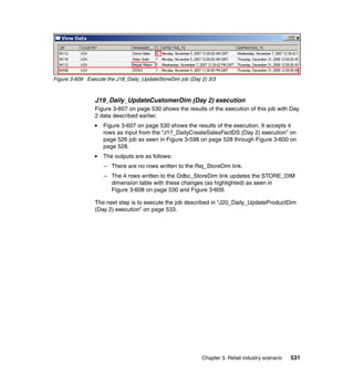 Figure 3-609 Execute the J18_Daily_UpdateStoreDim job (Day 2) 3/3



                J19_Daily_UpdateCustomerDim (Day 2) execution
                Figure 3-607 on page 530 shows the results of the execution of this job with Day
                2 data described earlier.
                    Figure 3-607 on page 530 shows the results of the execution. It accepts 4
                    rows as input from the “J17_DailyCreateSalesFactDS (Day 2) execution” on
                    page 526 job as seen in Figure 3-598 on page 528 through Figure 3-600 on
                    page 528.
                    The outputs are as follows:
                    – There are no rows written to the Rej_StoreDim link.
                    – The 4 rows written to the Odbc_StoreDim link updates the STORE_DIM
                      dimension table with these changes (as highlighted) as seen in
                      Figure 3-608 on page 530 and Figure 3-609.

                The next step is to execute the job described in “J20_Daily_UpdateProductDim
                (Day 2) execution” on page 533.




                                                           Chapter 3. Retail industry scenario   531
 