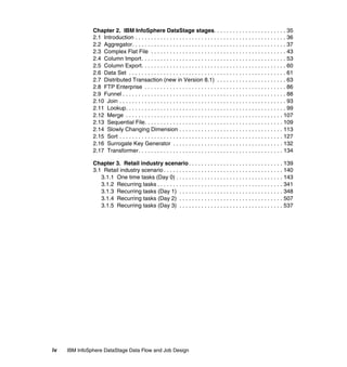 Chapter 2. IBM InfoSphere DataStage stages. . . . . . . . . . . . . . . . . . . . . . . 35
               2.1 Introduction . . . . . . . . . . . . . . . . . . . . . . . . . . . . . . . . . . . . . . . . . . . . . . . . 36
               2.2 Aggregator. . . . . . . . . . . . . . . . . . . . . . . . . . . . . . . . . . . . . . . . . . . . . . . . . 37
               2.3 Complex Flat File . . . . . . . . . . . . . . . . . . . . . . . . . . . . . . . . . . . . . . . . . . . 43
               2.4 Column Import. . . . . . . . . . . . . . . . . . . . . . . . . . . . . . . . . . . . . . . . . . . . . . 53
               2.5 Column Export. . . . . . . . . . . . . . . . . . . . . . . . . . . . . . . . . . . . . . . . . . . . . . 60
               2.6 Data Set . . . . . . . . . . . . . . . . . . . . . . . . . . . . . . . . . . . . . . . . . . . . . . . . . . 61
               2.7 Distributed Transaction (new in Version 8.1) . . . . . . . . . . . . . . . . . . . . . . 63
               2.8 FTP Enterprise . . . . . . . . . . . . . . . . . . . . . . . . . . . . . . . . . . . . . . . . . . . . . 86
               2.9 Funnel . . . . . . . . . . . . . . . . . . . . . . . . . . . . . . . . . . . . . . . . . . . . . . . . . . . . 88
               2.10 Join . . . . . . . . . . . . . . . . . . . . . . . . . . . . . . . . . . . . . . . . . . . . . . . . . . . . . 93
               2.11 Lookup. . . . . . . . . . . . . . . . . . . . . . . . . . . . . . . . . . . . . . . . . . . . . . . . . . . 99
               2.12 Merge . . . . . . . . . . . . . . . . . . . . . . . . . . . . . . . . . . . . . . . . . . . . . . . . . . 107
               2.13 Sequential File. . . . . . . . . . . . . . . . . . . . . . . . . . . . . . . . . . . . . . . . . . . . 109
               2.14 Slowly Changing Dimension . . . . . . . . . . . . . . . . . . . . . . . . . . . . . . . . . 113
               2.15 Sort . . . . . . . . . . . . . . . . . . . . . . . . . . . . . . . . . . . . . . . . . . . . . . . . . . . . 127
               2.16 Surrogate Key Generator . . . . . . . . . . . . . . . . . . . . . . . . . . . . . . . . . . . 132
               2.17 Transformer. . . . . . . . . . . . . . . . . . . . . . . . . . . . . . . . . . . . . . . . . . . . . . 134

               Chapter 3. Retail industry scenario . . . . . . . . . . . . . . . . . . . . . . . . . . . . . . 139
               3.1 Retail industry scenario . . . . . . . . . . . . . . . . . . . . . . . . . . . . . . . . . . . . . . 140
                  3.1.1 One time tasks (Day 0) . . . . . . . . . . . . . . . . . . . . . . . . . . . . . . . . . . 143
                  3.1.2 Recurring tasks . . . . . . . . . . . . . . . . . . . . . . . . . . . . . . . . . . . . . . . . 341
                  3.1.3 Recurring tasks (Day 1) . . . . . . . . . . . . . . . . . . . . . . . . . . . . . . . . . 348
                  3.1.4 Recurring tasks (Day 2) . . . . . . . . . . . . . . . . . . . . . . . . . . . . . . . . . 507
                  3.1.5 Recurring tasks (Day 3) . . . . . . . . . . . . . . . . . . . . . . . . . . . . . . . . . 537




iv   IBM InfoSphere DataStage Data Flow and Job Design
 