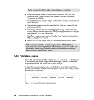 Note: Applies when IBM InfoSphere QualityStage is installed.

                  Database includes stages such as Classic Federation, DB2 UDB, DB2
                  UDB/Enterprise, Oracle, Sybase, SQL Server®, Teradata, Distributed
                  Transaction, and ODBC.
                  Development/Debug includes stages such as Peek, Sample, Head, Tail, and
                  Row Generator.
                  File includes stages such as Complex Flat File, Data Set, Lookup File Set,
                  and Sequential File.
                  Processing includes stages such as Aggregator, Copy, FTP, Funnel, Join,
                  Lookup, Merge, Remove Duplicates, Slowly Changing Dimension, Surrogate
                  Key Generator, Sort, and Transformer
                  Real Time includes stages such as Web Services Transformer, WebSphere
                  MQ, and Web Services Client.
                  Restructure includes stages such as Column Export and Column Import.

                Note: For details on all the available stages, refer to IBM WebSphere
                DataStage and QualityStage Parallel Job Developer Guide, SC18-9891-00
                and relevant connectivity guides for stages concerned with connecting to
                external data sources and data targets.


1.4.3 Parallel processing
              Figure 1-8 represents one of the simplest jobs you could have — a data source,
              a Transformer (conversion) stage, and the data target. The links between the
              stages represent the flow of data into or out of a stage.

              In a parallel job, each stage would normally (but not always) correspond to a
              process. You can have multiple instances of each process to run on the available
              processors in your system.



                        Data Source              Transformer              Data Target


              Figure 1-8 Simple IBM InfoSphere DataStage job




24   IBM InfoSphere DataStage Data Flow and Job Design
 
