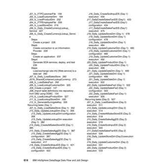 J01_IL_FTPCustomerFile 159                          J16_Daily_CreateScdInputDS (Day 1)
   J02_IL_LoadCustomerDim 184                          execution 430
   J03_IL_LoadProductDim 202                         J17_DailyCreateSalesFactDS (Day1) 433
   J04_IL_FTPEmployeeFile 209                          J17_DailyCreateSalesFactDS (Day1)
   J05_IL_LoadStoreDim 219                             configuration 434
   J06_IL_Daily_CreateCurrencyLookup_                  J17_DailyCreateSalesFactDS (Day1)
   Service 227                                         execution 475
   J06_IL_Daily_CreateCurrencyLookup_Servic          J18_Daily_UpdateStoreDim (Day 1) 478
   e                                                   J18_Daily_UpdateStoreDim (Day 1)
     Stepa                                             configuration 478
       Create a project 228                            J18_Daily_UpdateStoreDim (Day 1)
     Stepb                                             execution 484
       Create connection to an Information           J19_Daily_UpdateCustomerDim (Day 1) 485
       Provider 229                                    J19_Daily_UpdateCustomerDim (Day 1)
     Stepc                                             configuration 485
       Create an application 237                       J19_Daily_UpdateCustomerDim (Day 1)
     Stepd                                             execution 492
       Generate SOA services, deploy, and test       J20_Daily_UpdateProductDim (Day 1)
       239                                             J20_Daily_UpdateProductDim (Day 1)
     Stepe                                             execution 498
       Load exchange rate info (Web service) to a    J21_Daily_UpdateDateDim (Day 1) 499
       data set 260                                    J21_Daily_UpdateDateDim (Day 1)
   J07_IL_Daily_LoadSalesStore 282                     configuration 499
   J07A_SharedContainerLookupCurrency 273              J21_Daily_UpdateDateDim (Day 1)
   J08_IL_LoadSalesFact 292                            execution 502
   J09_IL_LoadLookupCustomerDim 320                  J22_Daily_UpdateSalesFact (Day 1) 502
   J0A_Create a project 147                            J22_Daily_UpdateSalesFact (Day 1)
   J0B_Import table definitions into repository        configuration 503
   from DB2 using ODBC 154                             J22_Daily_UpdateSalesFact (Day 1)
   J10_IL_LoadLookupProductDim 327                     execution 505
   J11_IL_LoadLookupStoreDim 330                    Recurring tasks (Day 2) 507
   J12_IL_GenerateSurrogateKey 335                   J07_IL_Daily_LoadSalesStore (Day 2)
  Recurring tasks (Day 1)                            execution 511
   J07_IL_Daily_LoadSalesStore (Day 1) 352           J13_Daily_UpdateLookupDim (Day 2)
   J13_Daily_UpdateLookupDim (Day 1) 356             execution 514
     J13_Daily_UpdateLookupDim configuration         J14_Daily_CreateAllSalesStoreDS (Day 2)
     356                                             execution 518
     J13_Daily_UpdateLookupDim execution             J15_Daily_CreateSalesAggDS (Day 2)
     (Day 1) 382                                     execution 519
   J14_Daily_CreateAllSalesStoreDS (Day 1)           J16_Daily_CreateScdInputDS (Day 2)
   385                                               execution 522
   J15_Daily_CreateSalesAggDS (Day 1) 387            J17_DailyCreateSalesFactDS (Day 2)
     J15_Daily_CreateSalesAggDS (Day 1)              execution 526
     configuration 387                               J18_Daily_UpdateStoreDim (Day 2) execution
     J15_Daily_CreateSalesAggDS (Day 1)              529
     execution 417                                   J19_Daily_UpdateCustomerDim (Day 2)
   J16_Daily_CreateScdInputDS (Day 1) 421            execution 531
     J16_Daily_CreateScdInputDS (Day 1)              J20_Daily_UpdateProductDim (Day 2)
     configuration 422                               execution 533



614   IBM InfoSphere DataStage Data Flow and Job Design
 