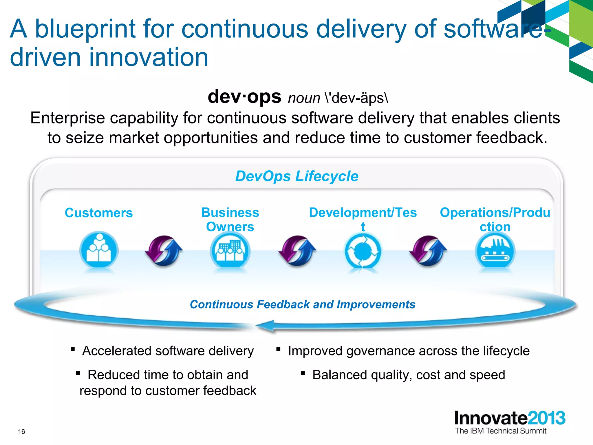 dev·ops noun 'dev-äps
Enterprise capability for continuous software delivery that enables clients
to seize market opportunities and reduce time to customer feedback.
A blueprint for continuous delivery of software-
driven innovation
 Accelerated software delivery
 Reduced time to obtain and
respond to customer feedback
 Improved governance across the lifecycle
 Balanced quality, cost and speed
DevOps Lifecycle
Continuous Feedback and Improvements
Operations/Produ
ction
Development/Tes
t
Customers Business
Owners
16
 