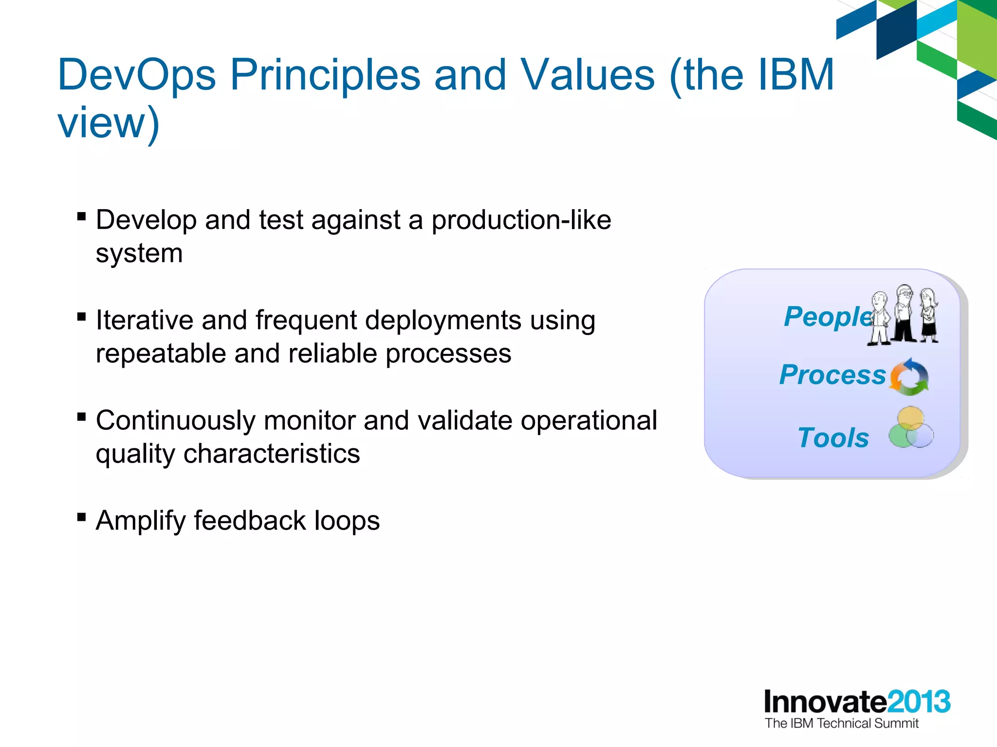 DevOps Principles and Values (the IBM
view)
 Develop and test against a production-like
system
 Iterative and frequent deployments using
repeatable and reliable processes
 Continuously monitor and validate operational
quality characteristics
 Amplify feedback loops
People
Process
Tools
People
Process
Tools
 