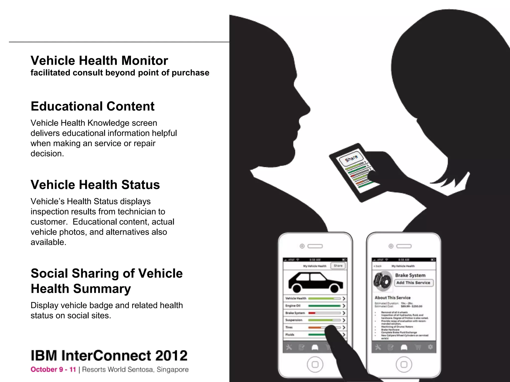 Vehicle Health Monitor
facilitated consult beyond point of purchase



Educational Content
Vehicle Health Knowledge screen
delivers educational information helpful
when making an service or repair
decision.


Vehicle Health Status
Vehicle’s Health Status displays
inspection results from technician to
customer. Educational content, actual
vehicle photos, and alternatives also
available.


Social Sharing of Vehicle
Health Summary
Display vehicle badge and related health
status on social sites.
 