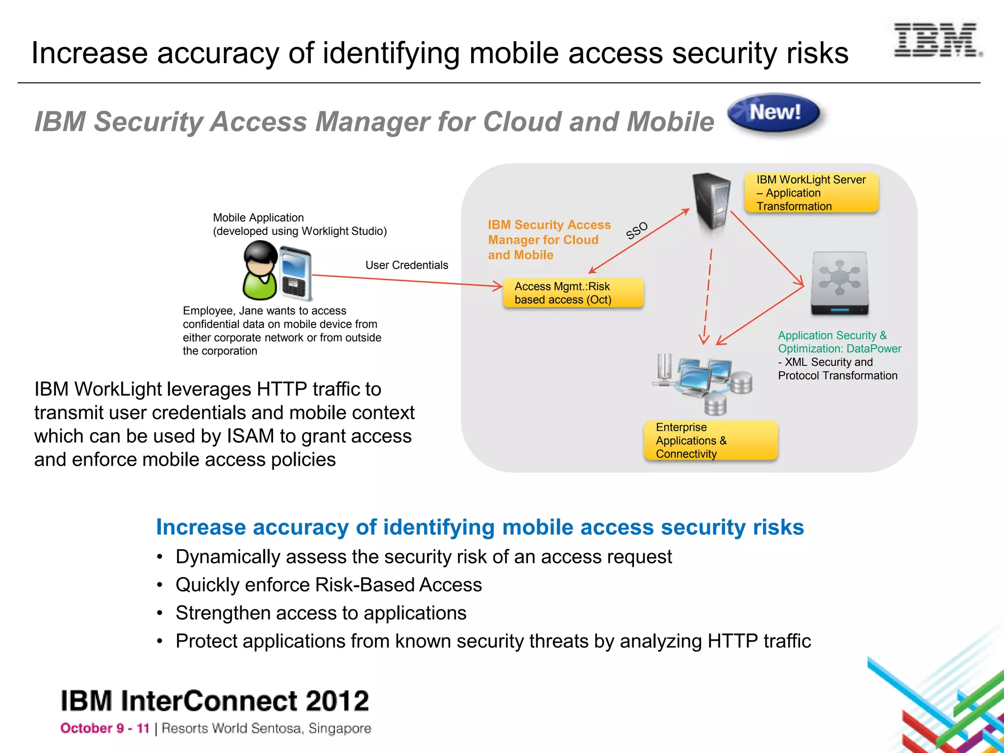 Increase accuracy of identifying mobile access security risks

IBM Security Access Manager for Cloud and Mobile
                                                                                                                   IBM WorkLight Server
                                                                                                                   – Application
                                                                                                                   Transformation
                        Mobile Application
                        (developed using Worklight Studio)
                                                                         IBM Security Access
                                                                         Manager for Cloud
                                                                         and Mobile
                                                      User Credentials
                                                                             Access Mgmt.:Risk
                                                                             based access (Oct)
                  Employee, Jane wants to access
                  confidential data on mobile device from
                  either corporate network or from outside                                                            Application Security &
                  the corporation                                                                                     Optimization: DataPower
                                                                                                                      - XML Security and
                                                                                                                      Protocol Transformation
IBM WorkLight leverages HTTP traffic to
transmit user credentials and mobile context
                                                                                                  Enterprise
which can be used by ISAM to grant access                                                         Applications &
                                                                                                  Connectivity
and enforce mobile access policies


              Increase accuracy of identifying mobile access security risks
              •   Dynamically assess the security risk of an access request
              •   Quickly enforce Risk-Based Access
              •   Strengthen access to applications
              •   Protect applications from known security threats by analyzing HTTP traffic
 