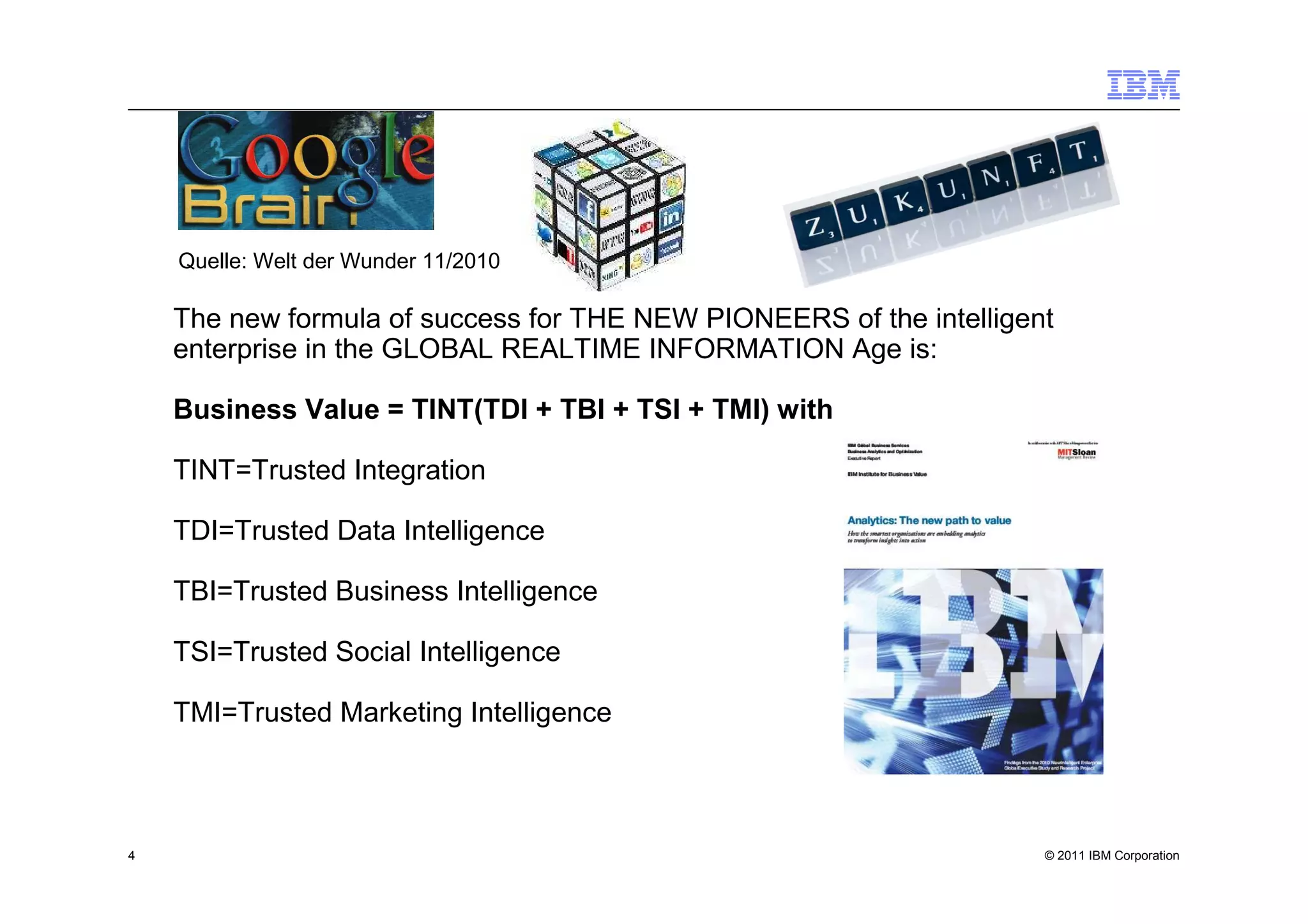 Quelle: Welt der Wunder 11/2010

    The new formula of success for THE NEW PIONEERS of the intelligent
    enterprise in the GLOBAL REALTIME INFORMATION Age is:

    Business Value = TINT(TDI + TBI + TSI + TMI) with

    TINT=Trusted Integration

    TDI=Trusted Data Intelligence

    TBI=Trusted Business Intelligence

    TSI=Trusted Social Intelligence

    TMI=Trusted Marketing Intelligence



4                                                                    © 2011 IBM Corporation
 