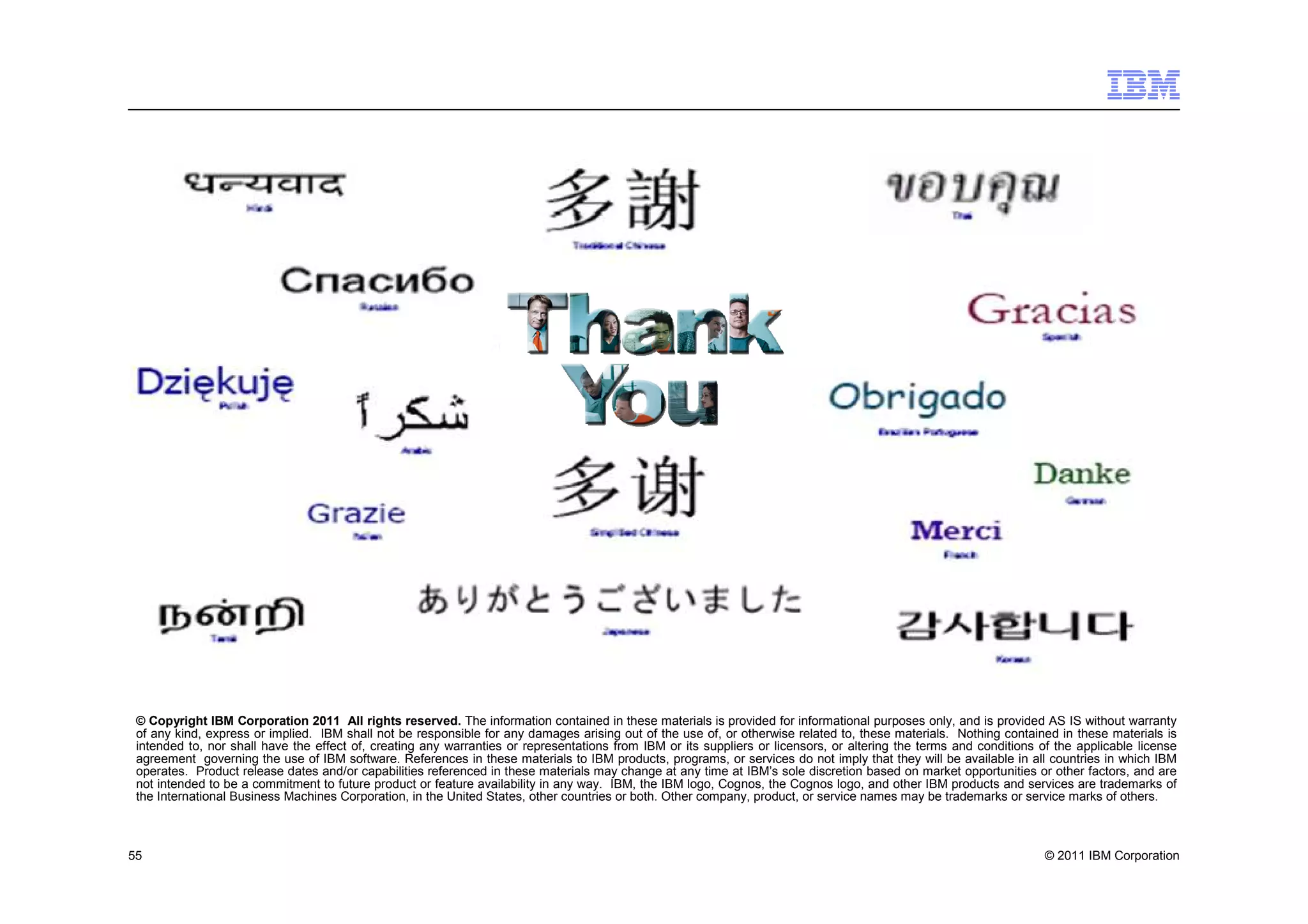 © Copyright IBM Corporation 2011 All rights reserved. The information contained in these materials is provided for informational purposes only, and is provided AS IS without warranty
 of any kind, express or implied. IBM shall not be responsible for any damages arising out of the use of, or otherwise related to, these materials. Nothing contained in these materials is
 intended to, nor shall have the effect of, creating any warranties or representations from IBM or its suppliers or licensors, or altering the terms and conditions of the applicable license
 agreement governing the use of IBM software. References in these materials to IBM products, programs, or services do not imply that they will be available in all countries in which IBM
 operates. Product release dates and/or capabilities referenced in these materials may change at any time at IBM’s sole discretion based on market opportunities or other factors, and are
 not intended to be a commitment to future product or feature availability in any way. IBM, the IBM logo, Cognos, the Cognos logo, and other IBM products and services are trademarks of
 the International Business Machines Corporation, in the United States, other countries or both. Other company, product, or service names may be trademarks or service marks of others.



55                                                                                                                                                                   © 2011 IBM Corporation
 