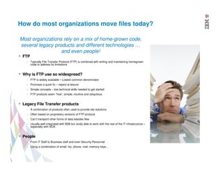 How do most organizations move files today?
Most organizations rely on a mix of home-grown code,
several legacy products and different technologies …
and even people!
FTP
– Typically File Transfer Protocol (FTP) is combined with writing and maintaining homegrown
code to address its limitations

Why is FTP use so widespread?
– FTP is widely available – Lowest common denominator
– Promises a quick fix – repent at leisure
– Simple concepts – low technical skills needed to get started
– FTP products seem “free”, simple, intuitive and ubiquitous

Legacy File Transfer products
– A combination of products often used to provide silo solutions
– Often based on proprietary versions of FTP protocol
– Can’t transport other forms of data besides files
– Usually well integrated with B2B but rarely able to work with the rest of the IT infrastructure –
especially with SOA

People
– From IT Staff to Business staff and even Security Personnel
– Using a combination of email, fax, phone, mail, memory keys…

 
