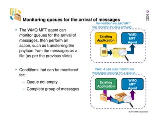 Monitoring queues for the arrival of messages
The WMQ MFT agent can
monitor queues for the arrival of
messages, then perform an
action, such as transferring the
payload from the messages as a
file (as per the previous slide)

Conditions that can be monitored
for:
– Queue not empty
– Complete group of messages

Remember we said MFT
can monitor for files arriving…
Existing
Application

WMQ
MFT
Agent

Well, it can also monitor for
messages arriving on a queue…
Existing
Application

WMQ
MFT
Agent

© 2013 IBM Corporation

 