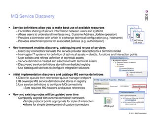 MQ Service Discovery
Service definitions allow you to make best use of available resources
– Facilitates sharing of service information between users and systems
– Allows users to understand interfaces (e.g. CustomerAddress.Update operation)
– Provides a connector with which to exchange technical configuration (e.g. hostname)
– Provides attachment points for associated policies (e.g. authorization)
New framework enables discovery, cataloguing and re-use of services
– Discovery connectors translate the service provider description to a common model
– Interrogate IT systems for definition of technical assets – objects, functions and interaction points
– User selects and refines definition of technical assets
– Service definitions created and associated with technical assets
– Discovered service definitions stored in embedded registry
– Use catalogued services to configure integration solutions
Initial implementation discovers and catalogs MQ service definitions
1.Discover queues from referenced queue manager endpoint
2.IB develops MQ service definition and stores in registry
3.Use service definitions to configure MQ connectivity
–Sets required MQ headers and queue references
New and existing nodes will be updated over time
– Completely aligned with runtime connector framework
•Simple protocol points appropriate for style of interaction
•Allows for simple development of custom connectors
© 2013 IBM Corporation

 