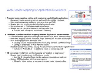 WAS Service Mapping for Application Developers
Service Mapping
Pipeline
APP

APP

Provides basic mapping, routing and versioning capabilities to applications
– Scenarios include service versioning and meet-in-the-middle interfaces
– Uses existing developer skills and tools, e.g. Java and RAD
– Service Mapping pipeline invoked directly from application
– Delivered as part of WebSphere Application Server
– Service Mapper can generate events for Integration Bus
• Enables audit, replay and out-of-band processing

App Server
Events
Integration Bus

Developer experience enables mapping between Application Server services
– Line-of-business application developer calls service from within application logic
– New WAS mapping service intercepts, maps and reroutes WS calls accordingly
– Uses existing application developer tools
• Develop service maps directly within RAD using standard GDM technology
• Configure and enable in WAS Admin Console
– Map between services without leaving WAS runtime environments for high efficiency
• Included in WAS v8.5.5 – no additional install or license required
IIB consumes events from service mapping for “system of awareness”
– Service map invocations can emit business events
• Just like IB integration flows, can be captured, recorded and replayed
– Built on GDM technology with interface mapping
• Allows for future hosting of same service maps inside Integration Bus

© 2013 IBM Corporation

 