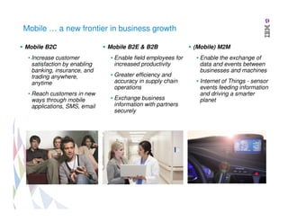 Mobile … a new frontier in business growth
Mobile B2C
• Increase customer
satisfaction by enabling
banking, insurance, and
trading anywhere,
anytime
• Reach customers in new
ways through mobile
applications, SMS, email

Mobile B2E & B2B
• Enable field employees for
increased productivity
• Greater efficiency and
accuracy in supply chain
operations
• Exchange business
information with partners
securely

(Mobile) M2M
• Enable the exchange of
data and events between
businesses and machines
• Internet of Things - sensor
events feeding information
and driving a smarter
planet

 