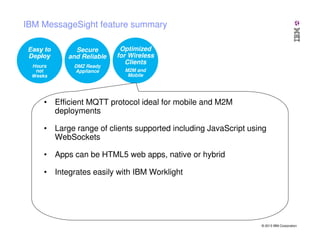 IBM MessageSight feature summary
Secure
and Reliable
DMZ Ready
Appliance

Optimized
for Wireless
Clients
M2M and
Mobile

• Efficient MQTT protocol ideal for mobile and M2M
deployments
• Large range of clients supported including JavaScript using
WebSockets
• Apps can be HTML5 web apps, native or hybrid
• Integrates easily with IBM Worklight

© 2013 IBM Corporation

 