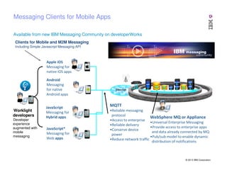 Messaging Clients for Mobile Apps
Available from new IBM Messaging Community on developerWorks
Clients for Mobile and M2M Messaging
Including Simple Javascript Messaging API

* = beta only
Apple iOS
Messaging for
native iOS apps
Android
Messaging
for native
Android apps

Worklight
developers
Developer
experience
augmented with
mobile
messaging

JavaScript
Messaging for
Hybrid apps
JavaScript*
Messaging for
Web apps

Service

APP

APP

DB

DB

APP Service

DB

APP

Internet

MQTT
•Reliable messaging
protocol
WebSphere MQ or Appliance
•Access to enterprise
•Universal Enterprise Messaging
•Reliable delivery
•Provide access to enterprise apps
•Conserve device
and data already connected by MQ
power
•Pub/sub model to enable dynamic
•Reduce network traffic
distribution of notifications

© 2013 IBM Corporation

 