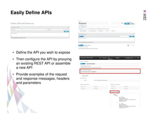 Easily Define APIs

• Define the API you wish to expose
• Then configure the API by proxying
an existing REST API or assemble
a new API
• Provide examples of the request
and response messages, headers
and parameters

 