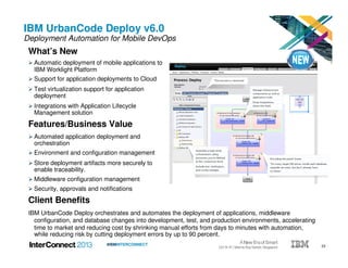 23#IBMINTERCONNECT
IBM UrbanCode Deploy v6.0
Deployment Automation for Mobile DevOps
What’s New
Automatic deployment of mobile applications to the
IBM Worklight Platform
Support for application deployments to Cloud
Test virtualization support for application
deployment
Integrations with Application Lifecycle
Management solution
Features/Business Value
Automated application deployment and
orchestration
Environment and configuration management
Store deployment artifacts more securely to
enable traceability.
Middleware configuration management
Security, approvals and notifications
Client Benefits
IBM UrbanCode Deploy orchestrates and automates the deployment of applications, middleware
configuration, and database changes into development, test, and production environments, accelerating
time to market and reducing cost by shrinking manual efforts from days to minutes with automation,
while reducing risk by cutting deployment errors by up to 90 percent.
 