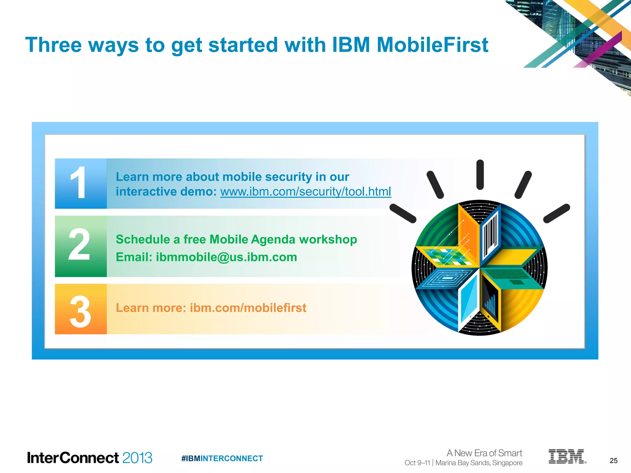 25#IBMINTERCONNECT
1 Learn more about mobile security in our
interactive demo: www.ibm.com/security/tool.html
Learn more: ibm.com/mobilefirst
2
3
Three ways to get started with IBM MobileFirst
Schedule a free Mobile Agenda workshop
Email: ibmmobile@us.ibm.com
 