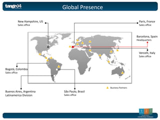 Global Presence

               New Hampshire, US                                             Paris, France
               Sales office                                                  Sales office



                                                                           Barcelona, Spain
                                                                           Headquarters



                                                                            Vercelli, Italy
                                                                            Sales office



Bogotá, Colombia
Sales office




                                                       Business Partners
Buenos Aires, Argentina            São Paulo, Brasil
Latinamerica Division              Sales office
 