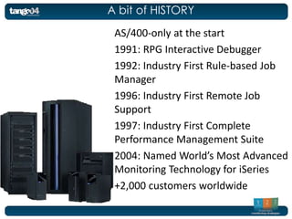 A bit of HISTORY
 AS/400-only at the start
 1991: RPG Interactive Debugger
 1992: Industry First Rule-based Job
 Manager
 1996: Industry First Remote Job
 Support
 1997: Industry First Complete
 Performance Management Suite
 2004: Named World’s Most Advanced
 Monitoring Technology for iSeries
 +2,000 customers worldwide
 