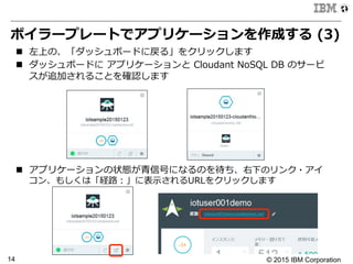 © 2015 IBM Corporation14
ボイラープレートでアプリケーションを作成する  (3)
n  左上の、「ダッシュボードに戻る」をクリックします
n  ダッシュボードに  アプリケーションと  Cloudant  NoSQL  DB  のサービ
スが追加されることを確認します
n  アプリケーションの状態が⻘青信号になるのを待ち、右下のリンク・アイ
コン、もしくは「経路路：」に表⽰示されるURLをクリックします
  
 