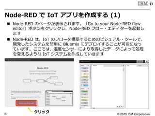 © 2015 IBM Corporation15
Node-‐‑‒RED  で  IoT  アプリを作成する  (1)
n  Node-‐‑‒RED  のページが表⽰示されます。「Go  to  your  Node-‐‑‒RED  ﬂow  
editor」ボタンをクリックし、Node-‐‑‒RED  フロー・エディターを起動し
ます
n  Node-‐‑‒RED  は、IoT  のフローを構築するためのビジュアル・ツールで、
開発したシステムを簡単に  Bluemix  にデプロイすることが可能になっ
ています。ここでは、温度度センサーにより取得したデータによって処理理
を変えるような  IoT  システムを作成していきます
クリック
 