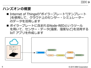 © 2015 IBM Corporation8
ハンズオンの概要
n  Internet  of  Thingsの”ボイラープレート”(テンプレート
)を使⽤用して、クラウド上のセンサー・シミュレーター
のデータを活⽤用します
n  ボイラープレートに含まれるNode-‐‑‒REDというツール
を⽤用いて、センサー・データ(温度度、湿度度など)を活⽤用する  
IoT  アプリを作成します
センサー・
シミュレー
ター
 