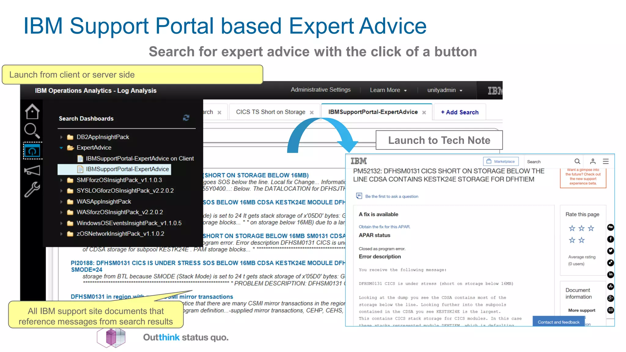 IBM Support Portal based Expert Advice
14
Search for expert advice with the click of a button
All IBM support site documents that
reference messages from search results
Launch to Tech Note
Launch from client or server side
 