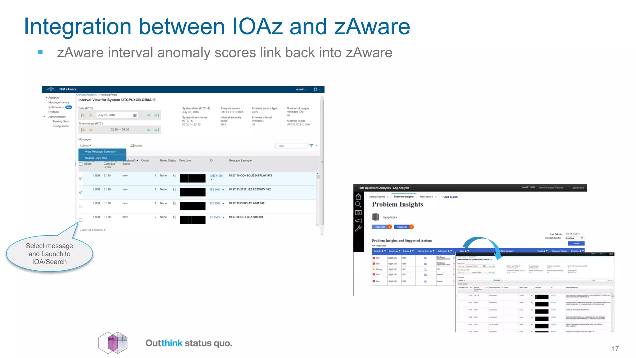 Integration between IOAz and zAware
17
 zAware interval anomaly scores link back into zAware
Select message
and Launch to
IOA/Search
 
