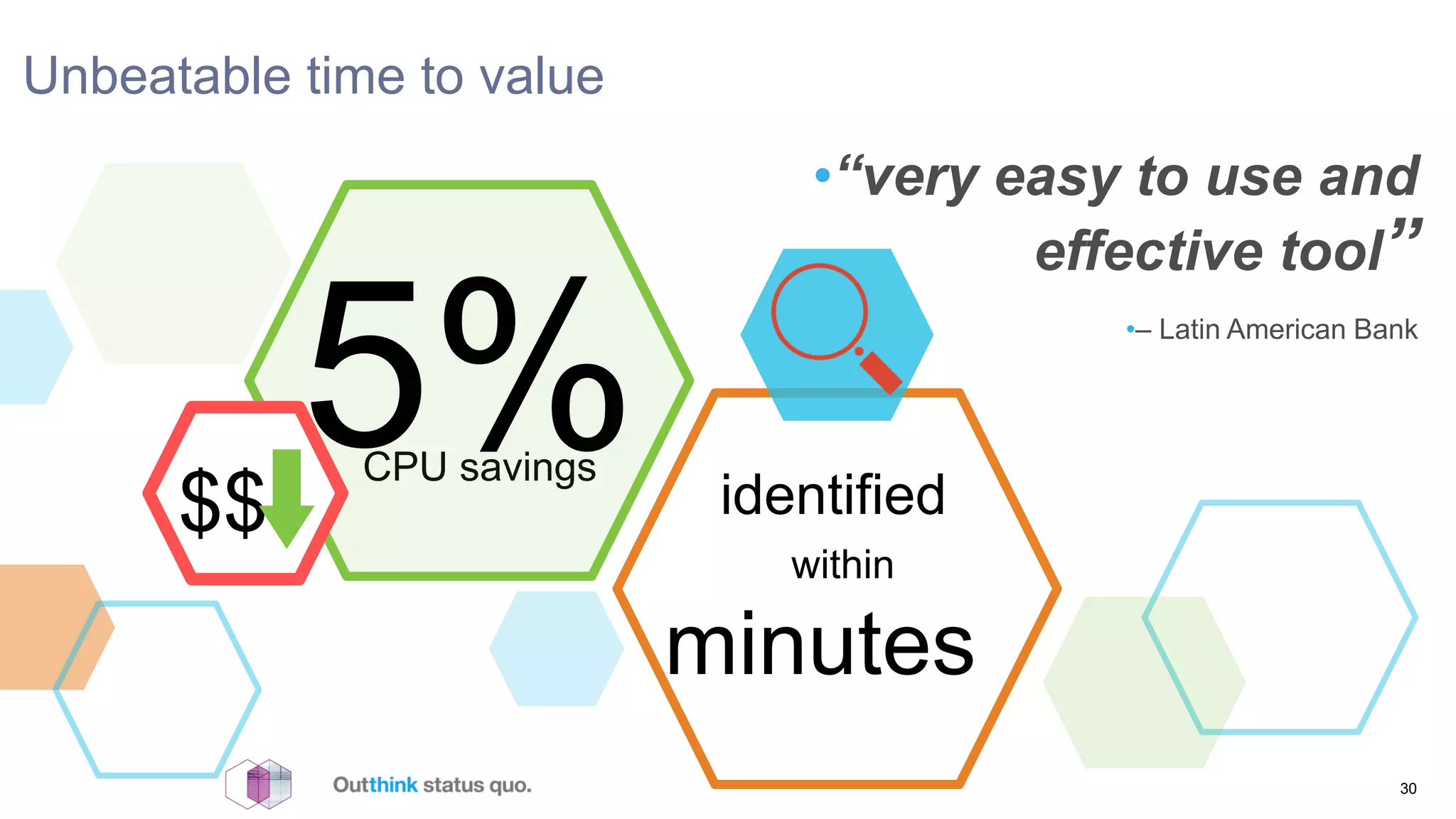 Unbeatable time to value
30
•“very easy to use and
effective tool”
•– Latin American Bank
CPU savings
c
5%
c
$$
within
minutes
identified
 