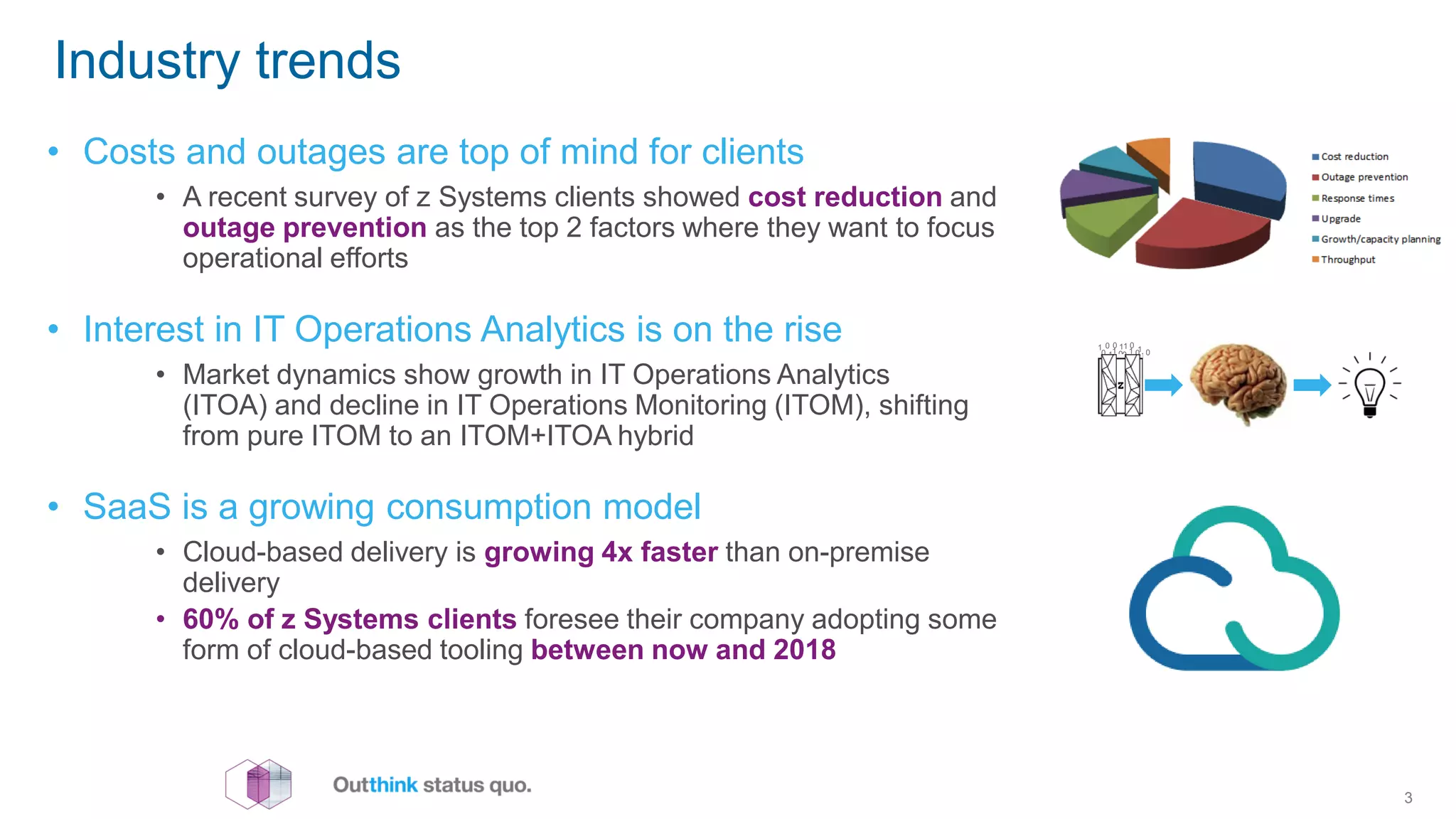 Industry trends
• Costs and outages are top of mind for clients
• A recent survey of z Systems clients showed cost reduction and
outage prevention as the top 2 factors where they want to focus
operational efforts
• Interest in IT Operations Analytics is on the rise
• Market dynamics show growth in IT Operations Analytics
(ITOA) and decline in IT Operations Monitoring (ITOM), shifting
from pure ITOM to an ITOM+ITOA hybrid
• SaaS is a growing consumption model
• Cloud-based delivery is growing 4x faster than on-premise
delivery
• 60% of z Systems clients foresee their company adopting some
form of cloud-based tooling between now and 2018
3
0 1 0
1 0 1
0
10
1 010
1 0
1
 