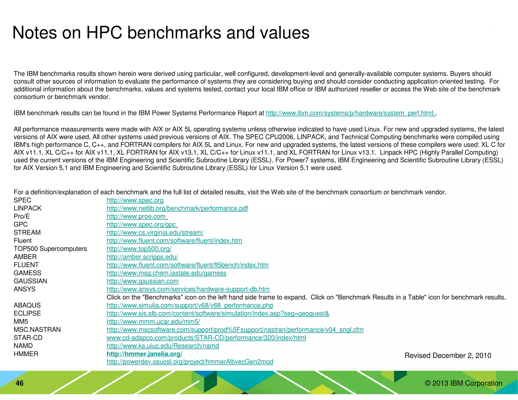 © 2013 IBM Corporation46
Revised December 2, 2010
Notes on HPC benchmarks and values
The IBM benchmarks results shown herein were derived using particular, well configured, development-level and generally-available computer systems. Buyers should
consult other sources of information to evaluate the performance of systems they are considering buying and should consider conducting application oriented testing. For
additional information about the benchmarks, values and systems tested, contact your local IBM office or IBM authorized reseller or access the Web site of the benchmark
consortium or benchmark vendor.
IBM benchmark results can be found in the IBM Power Systems Performance Report at http://www.ibm.com/systems/p/hardware/system_perf.html .
All performance measurements were made with AIX or AIX 5L operating systems unless otherwise indicated to have used Linux. For new and upgraded systems, the latest
versions of AIX were used. All other systems used previous versions of AIX. The SPEC CPU2006, LINPACK, and Technical Computing benchmarks were compiled using
IBM's high performance C, C++, and FORTRAN compilers for AIX 5L and Linux. For new and upgraded systems, the latest versions of these compilers were used: XL C for
AIX v11.1, XL C/C++ for AIX v11.1, XL FORTRAN for AIX v13.1, XL C/C++ for Linux v11.1, and XL FORTRAN for Linux v13.1. Linpack HPC (Highly Parallel Computing)
used the current versions of the IBM Engineering and Scientific Subroutine Library (ESSL). For Power7 systems, IBM Engineering and Scientific Subroutine Library (ESSL)
for AIX Version 5.1 and IBM Engineering and Scientific Subroutine Library (ESSL) for Linux Version 5.1 were used.
For a definition/explanation of each benchmark and the full list of detailed results, visit the Web site of the benchmark consortium or benchmark vendor.
SPEC http://www.spec.org
LINPACK http://www.netlib.org/benchmark/performance.pdf
Pro/E http://www.proe.com
GPC http://www.spec.org/gpc
STREAM http://www.cs.virginia.edu/stream/
Fluent http://www.fluent.com/software/fluent/index.htm
TOP500 Supercomputers http://www.top500.org/
AMBER http://amber.scripps.edu/
FLUENT http://www.fluent.com/software/fluent/fl5bench/index.htm
GAMESS http://www.msg.chem.iastate.edu/gamess
GAUSSIAN http://www.gaussian.com
ANSYS http://www.ansys.com/services/hardware-support-db.htm
Click on the "Benchmarks" icon on the left hand side frame to expand. Click on "Benchmark Results in a Table" icon for benchmark results.
ABAQUS http://www.simulia.com/support/v68/v68_performance.php
ECLIPSE http://www.sis.slb.com/content/software/simulation/index.asp?seg=geoquest&
MM5 http://www.mmm.ucar.edu/mm5/
MSC.NASTRAN http://www.mscsoftware.com/support/prod%5Fsupport/nastran/performance/v04_sngl.cfm
STAR-CD www.cd-adapco.com/products/STAR-CD/performance/320/index/html
NAMD http://www.ks.uiuc.edu/Research/namd
HMMER http://hmmer.janelia.org/
http://powerdev.osuosl.org/project/hmmerAltivecGen2mod
 