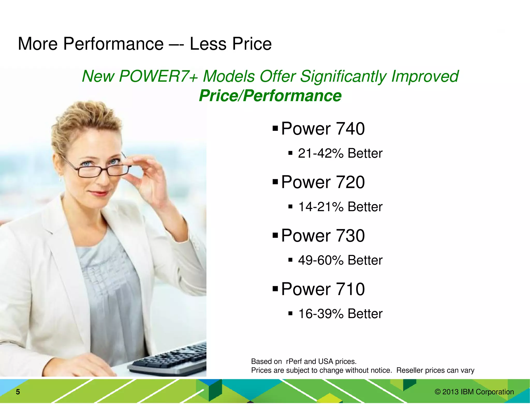 © 2013 IBM Corporation5
More Performance –- Less Price
Power 740
21-42% Better
Power 720
14-21% Better
Power 730
49-60% Better
Power 710
16-39% Better
Based on rPerf and USA prices.
Prices are subject to change without notice. Reseller prices can vary
New POWER7+ Models Offer Significantly Improved
Price/Performance
 