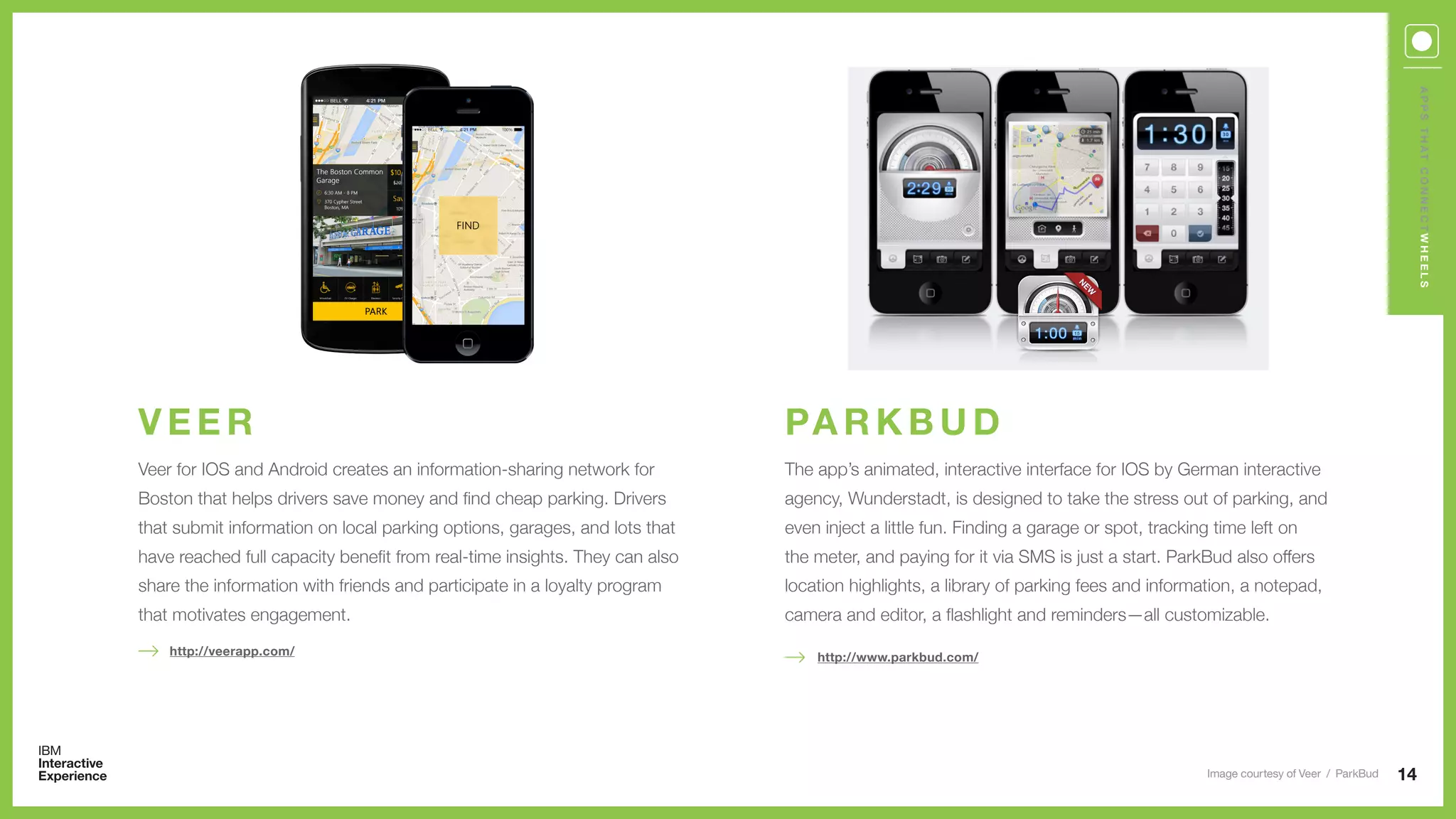 Veer for IOS and Android creates an information-sharing network for
Boston that helps drivers save money and find cheap parking. Drivers
that submit information on local parking options, garages, and lots that
have reached full capacity benefit from real-time insights. They can also
share the information with friends and participate in a loyalty program
that motivates engagement.
V E E R
14
http://veerapp.com/
APPSTHATCONNECTWHEELS
The app’s animated, interactive interface for IOS by German interactive
agency, Wunderstadt, is designed to take the stress out of parking, and
even inject a little fun. Finding a garage or spot, tracking time left on
the meter, and paying for it via SMS is just a start. ParkBud also offers
location highlights, a library of parking fees and information, a notepad,
camera and editor, a flashlight and reminders—all customizable.
PA R K B U D
http://www.parkbud.com/
Image courtesy of Veer / ParkBud
 