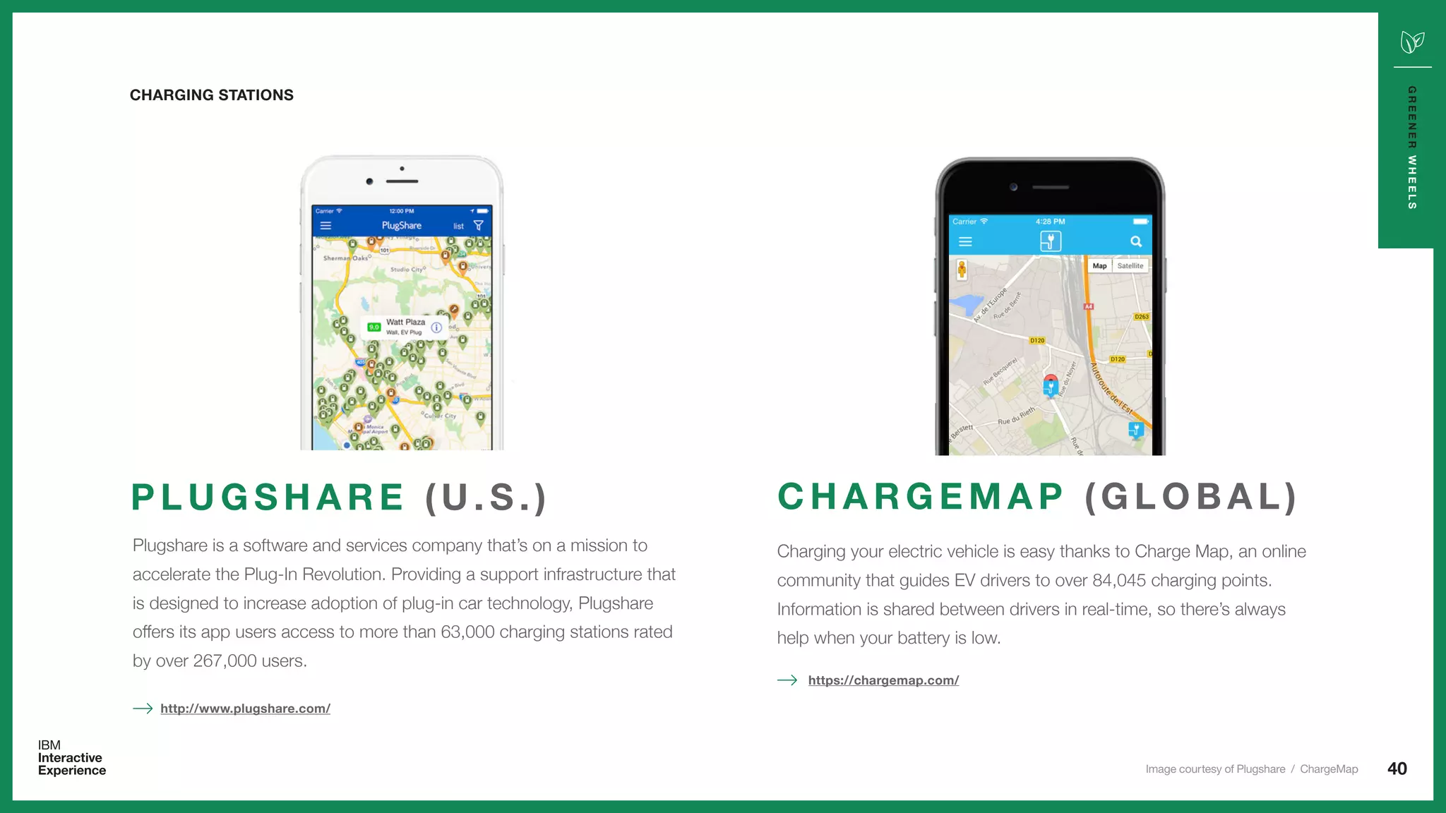 40
GREENERWHEELS
Plugshare is a software and services company that’s on a mission to
accelerate the Plug-In Revolution. Providing a support infrastructure that
is designed to increase adoption of plug-in car technology, Plugshare
offers its app users access to more than 63,000 charging stations rated
by over 267,000 users.
P L U G S H A R E ( U . S . )
http://www.plugshare.com/
Charging your electric vehicle is easy thanks to Charge Map, an online
community that guides EV drivers to over 84,045 charging points.
Information is shared between drivers in real-time, so there’s always
help when your battery is low.
C H A R G E M A P ( G L O B A L )
https://chargemap.com/
CHARGING STATIONS
Image courtesy of Plugshare / ChargeMap
 