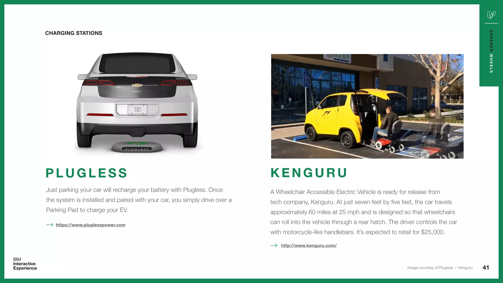 41
GREENERWHEELS
Just parking your car will recharge your battery with Plugless. Once
the system is installed and paired with your car, you simply drive over a
Parking Pad to charge your EV.
P L U G L E S S
https://www.pluglesspower.com
A Wheelchair Accessible Electric Vehicle is ready for release from
tech company, Kenguru. At just seven feet by five feet, the car travels
approximately 60 miles at 25 mph and is designed so that wheelchairs
can roll into the vehicle through a rear hatch. The driver controls the car
with motorcycle-like handlebars. It’s expected to retail for $25,000.
K E N G U R U
http://www.kenguru.com/
CHARGING STATIONS
Image courtesy of Plugless / Kenguru
 