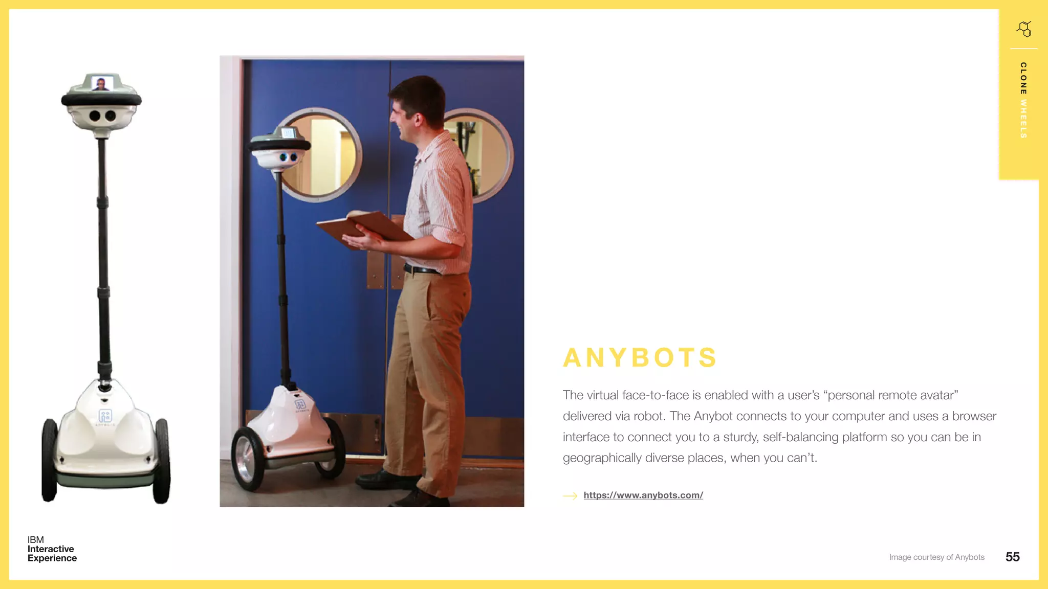 55
CLONEWHEELS
The virtual face-to-face is enabled with a user’s “personal remote avatar”
delivered via robot. The Anybot connects to your computer and uses a browser
interface to connect you to a sturdy, self-balancing platform so you can be in
geographically diverse places, when you can’t.
https://www.anybots.com/
A N Y B O T S
Image courtesy of Anybots
 
