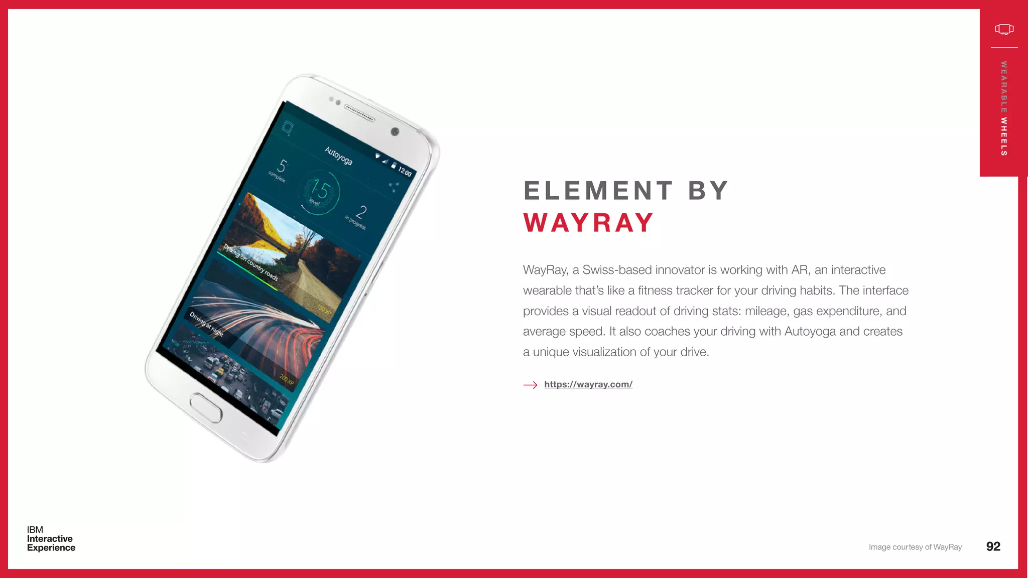 92
WEARABLEWHEELS
92
WEARABLEWHEELS
WayRay, a Swiss-based innovator is working with AR, an interactive
wearable that’s like a fitness tracker for your driving habits. The interface
provides a visual readout of driving stats: mileage, gas expenditure, and
average speed. It also coaches your driving with Autoyoga and creates
a unique visualization of your drive.
E L E M E N T B Y
WAY R AY
https://wayray.com/
Image courtesy of WayRay
 