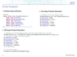 Code Snippets
■    Packed class definition      ■   On-Heap Packed Allocation




■    Off-heap Packed Allocation




12  ...