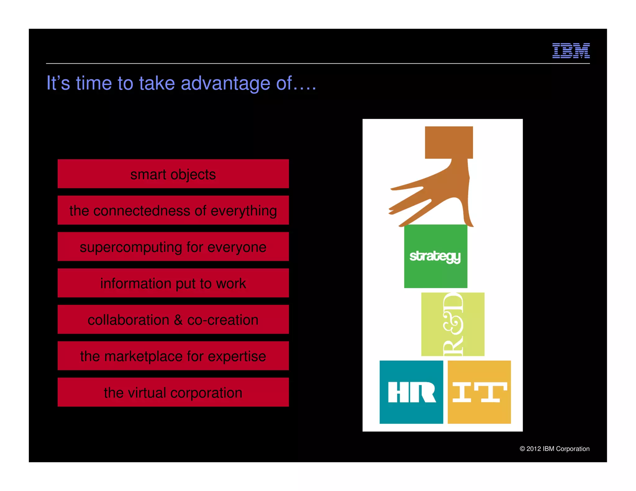 It’s time to take advantage of….



           smart objects

  the connectedness of everything

   supercomputing for everyone

       information put to work

     collaboration & co-creation

    the marketplace for expertise

       the virtual corporation


                                    © 2012 IBM Corporation
 